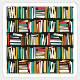 Colorful books // black bookshelf background yellow neon red white and teal books Sticker